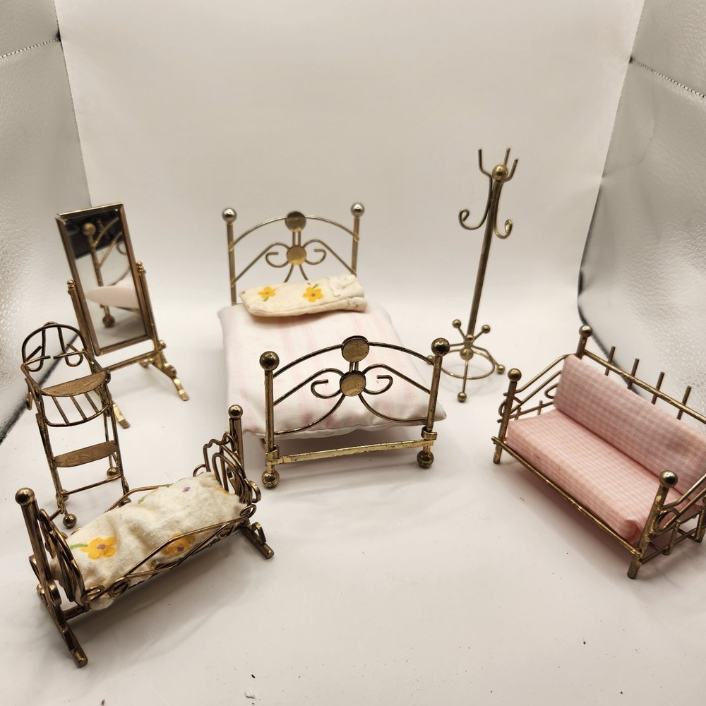Vintage Miniature Brass Dollhouse Bedroom Set Furniture Bed Crib 1:12 Mirror